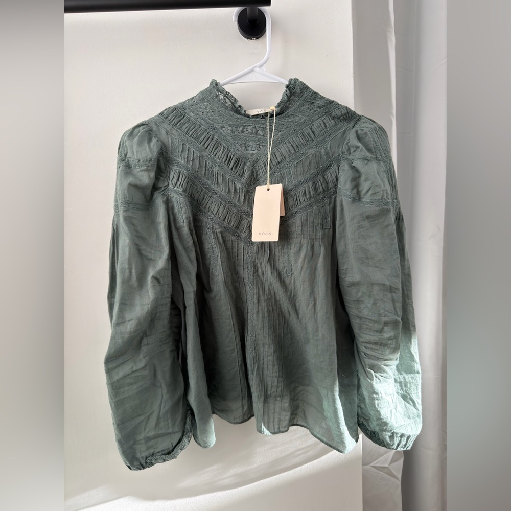 Doen Sage Green Lace-Trim High-Neck Blouse